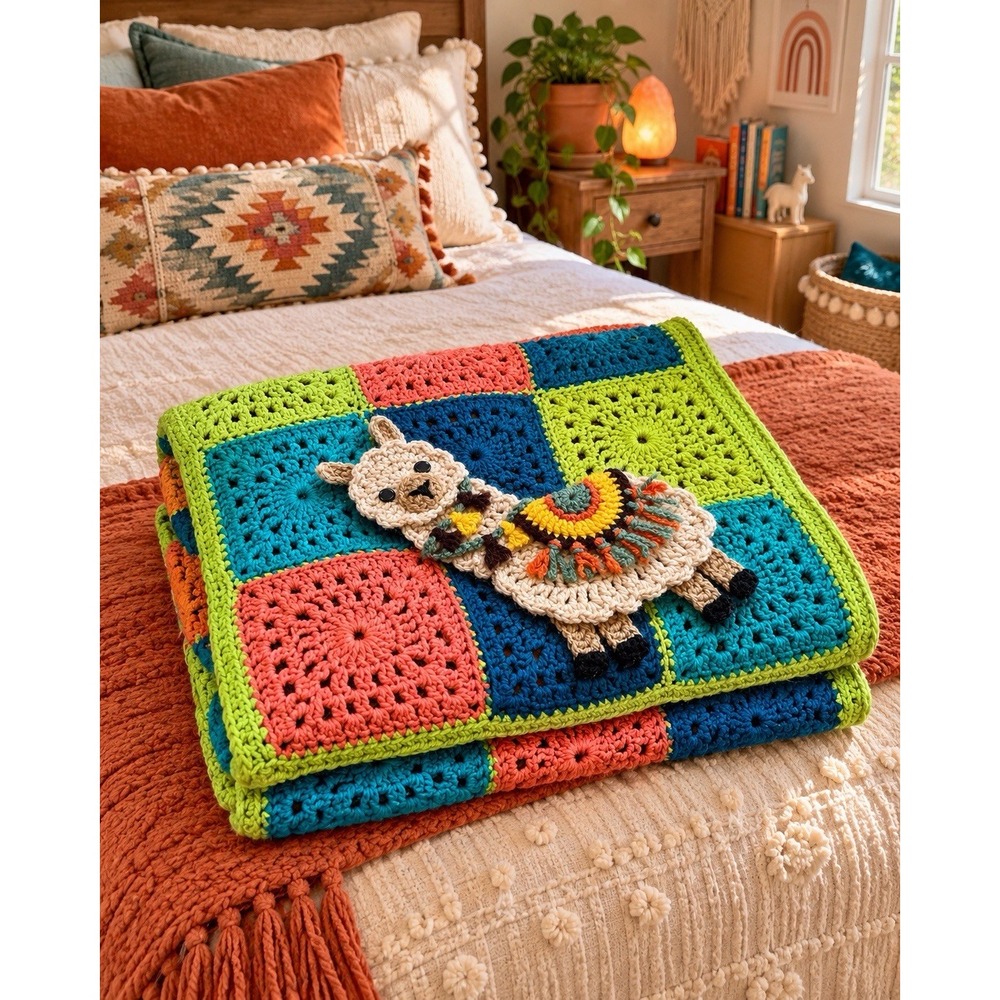 Handmade Crochet Llama Blanket Granny Square Baby Crib Kids Room Boho 50x36